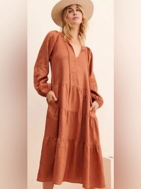 Little Lies Alicia 100%  Linen Boho Midi Dress Anthropologie Fall size Large